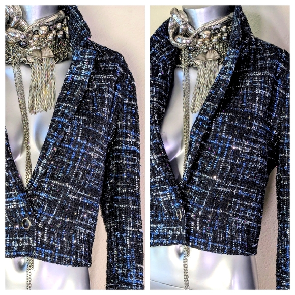 "Bagatelle Collection" TWeed Cropped Dark Academia Sparkling One Button Jacket - Picture 6 of 10